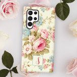 Romantic Pink English Roses on Yellow w/Monogram Samsung Galaxy S22 Ultra Case<br><div class="desc">Lovely and romantic feminine seamless floral pattern featuring sprays of pink roses and blue flowers with sage foliage on pale pastel yellow background. Includes optional square bordered element with text field for your initial or monogram.</div>