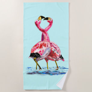 Romantic Pink Flamingos Love Dance - Painting Beach Towel