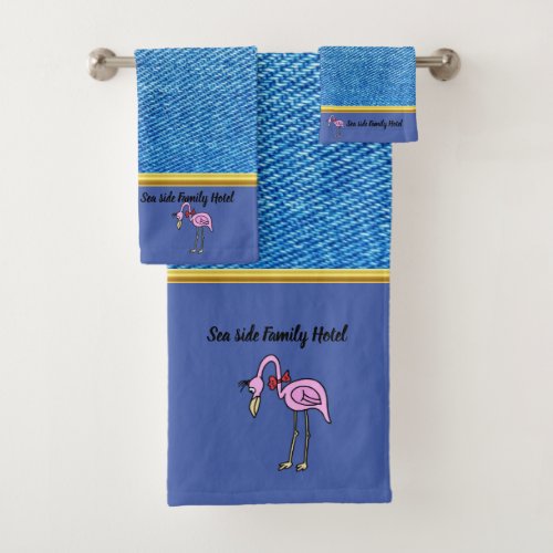 Romantic Pink Flamingos with denim texture blue Bath Towel Set