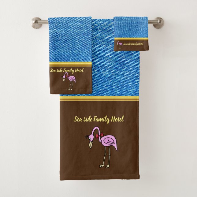Romantic Pink Flamingos with denim texture .brown Bath Towel Set (Insitu)