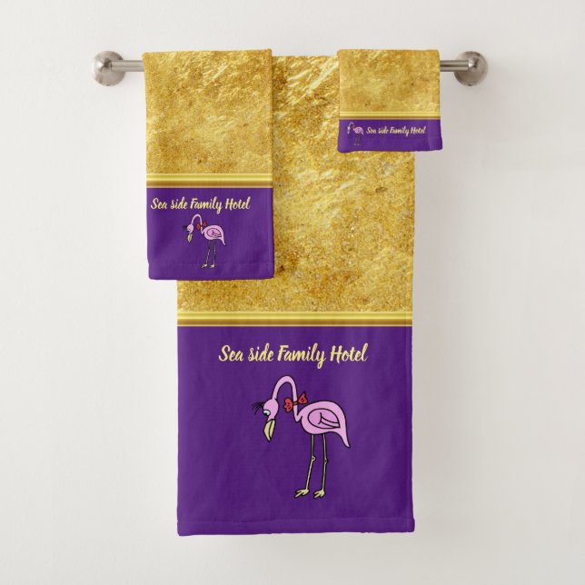Romantic Pink Flamingos with gold foil purple Bath Towel Set (Insitu)