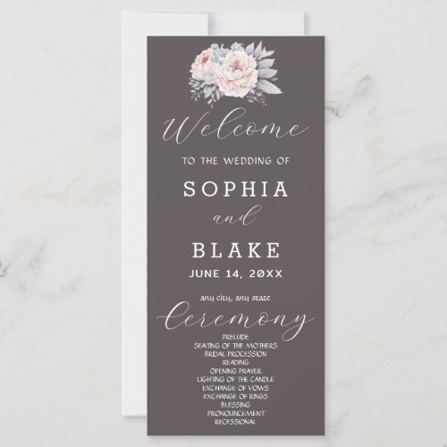 Romantic Pink Floral Ash Gray Wedding Program