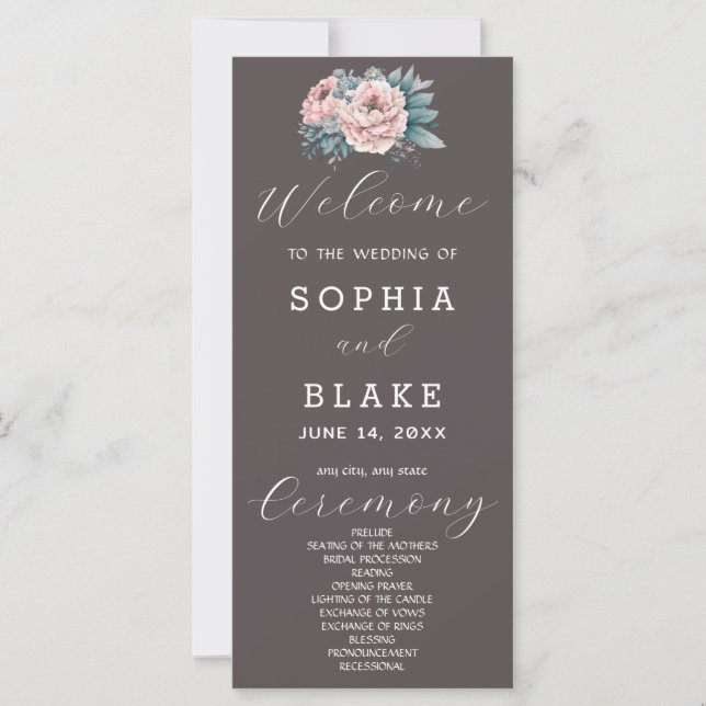 Romantic Pink Floral Ash Gray Wedding Program (Front)