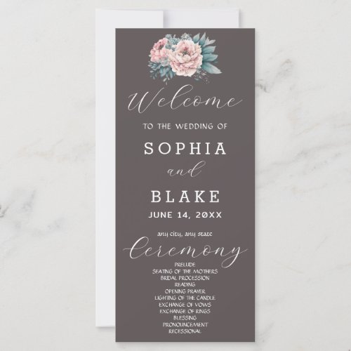 Romantic Pink Floral Ash Gray Wedding Program