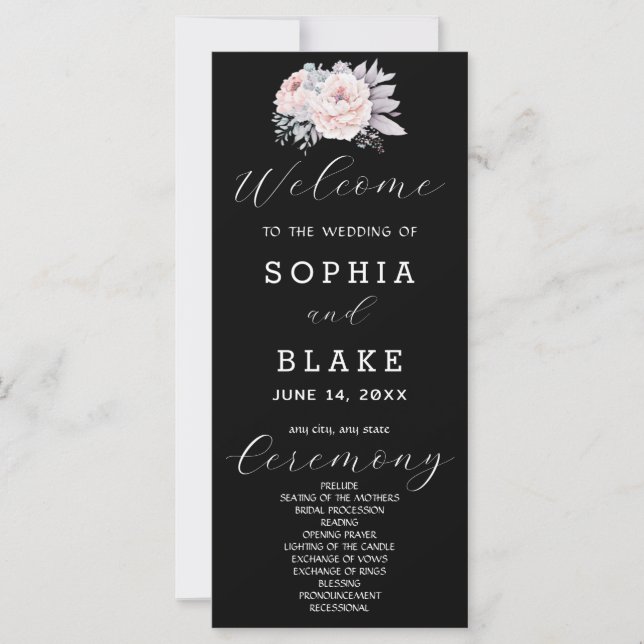 Romantic Pink Floral Black Wedding Program (Front)