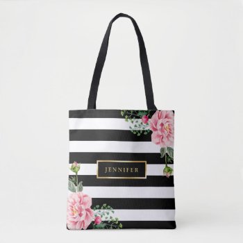 Romantic Pink Floral Black White Stripes Tote Bag by UrHomeNeeds at Zazzle