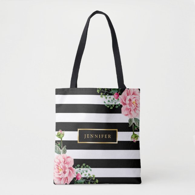 Romantic Pink Floral Black White Stripes Tote Bag (Front)
