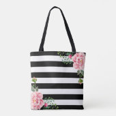 Romantic Pink Floral Black White Stripes Tote Bag (Back)