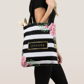 Romantic Pink Floral Black White Stripes Tote Bag (Close Up)