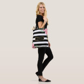 Romantic Pink Floral Black White Stripes Tote Bag (On Model)
