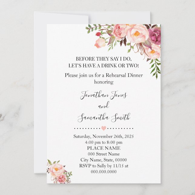 Romantic Pink Floral Boho Chic Rehearsal Dinner Invitation (Front)