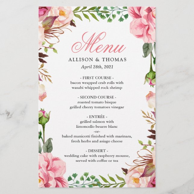 Romantic Pink Floral Border Wedding Menu Card (Front)