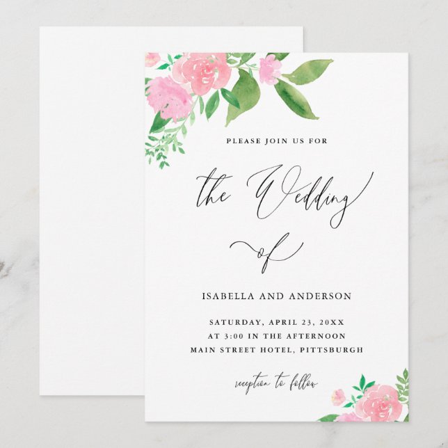 Romantic Pink Floral Bouquet Calligraphy Wedding Invitation (Front/Back)