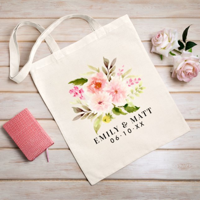 Romantic Pink Floral Bouquet Couple Names Tote Bag (Creator Uploaded)