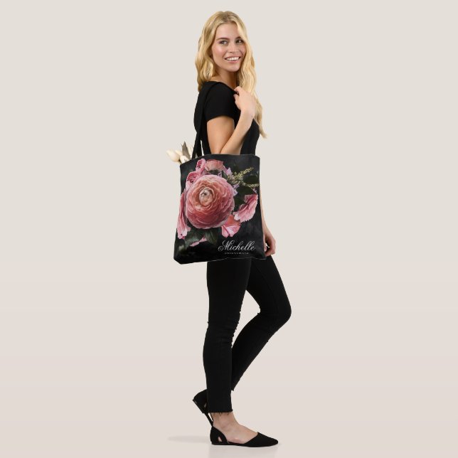Romantic Pink Floral Bouquet on Black Tote Bag (On Model)