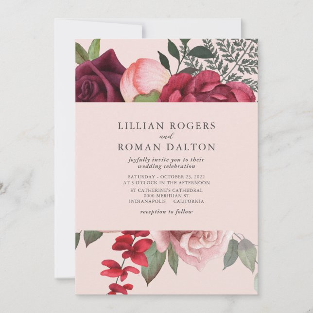 Romantic Pink Floral Bridal Bouquet Wedding Invitation (Front)