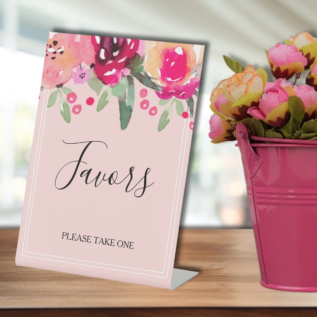 Romantic Pink Floral Bridal Shower Favors Pedestal Sign (Romantic pink watercolor flowers bridal shower Favors tabletop pedestal sign)