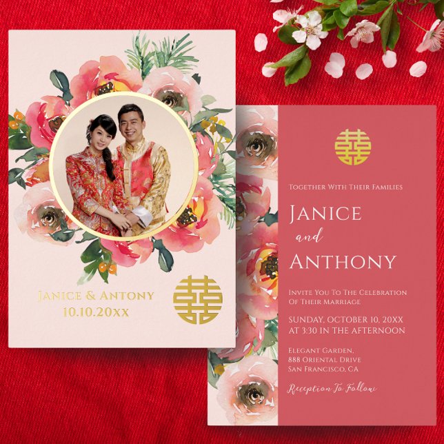 Romantic pink floral couple chinese wedding photo foil invitation (Creator Uploaded)