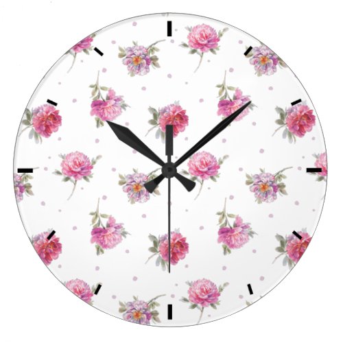 Romantic Pink Floral Dot Watercolor Pattern Large Clock