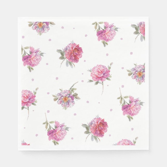 Romantic Pink Floral Dot Watercolor Pattern Napkins (Front)