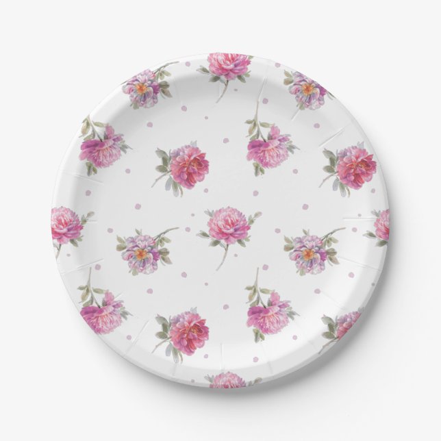 Romantic Pink Floral Dot Watercolor Pattern Paper Plates (Front)