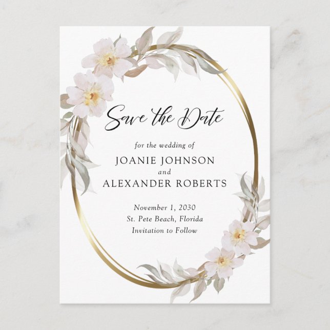 Romantic Pink Floral Elegant Foliage Save the Date Announcement Postcard (Front)