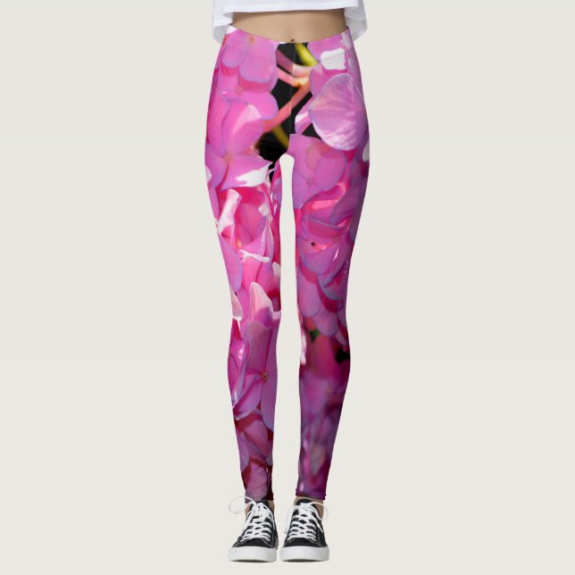 Romantic pink floral elegant hydrangeas  leggings (Front)