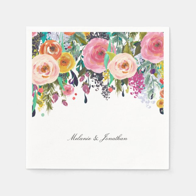 Romantic Pink Floral Garden Watercolor Paper Napkins (Front)