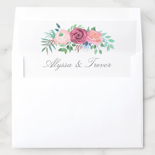 Romantic Pink Floral Garland Script Names Wedding Envelope Liner (In Envelope)