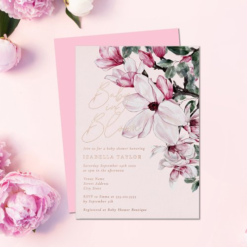 Romantic Pink Floral Girl Rose Gold Baby Shower Foil Invitation
