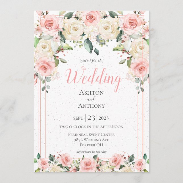Romantic Pink Floral Greenery Typography Wedding Invitation (Front)
