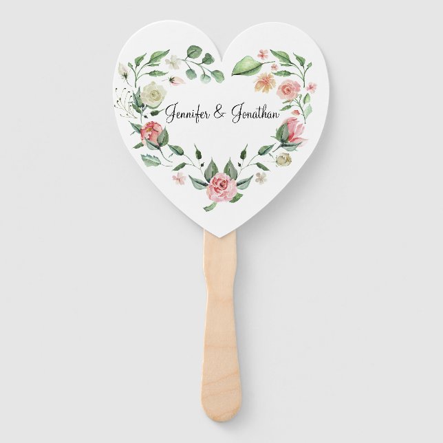 Romantic Pink Floral Heart Frame with Name Wedding Hand Fan (Front)