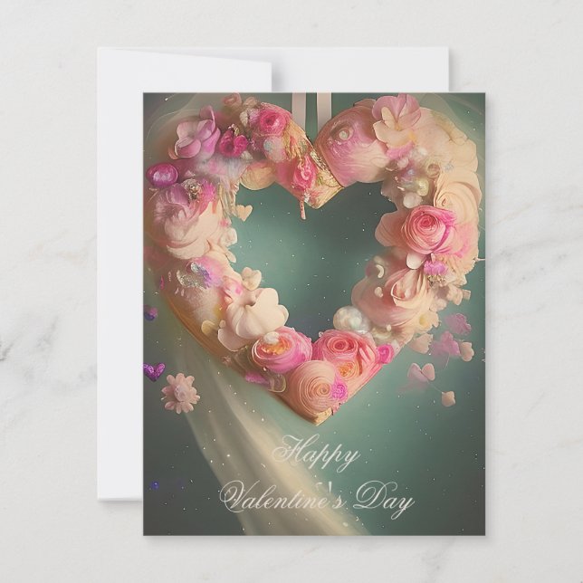 Romantic pink floral heart valentine  holiday card (Front)