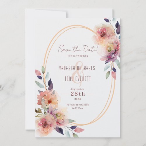 Romantic Pink Floral Oval Wedding Save the Date Invitation