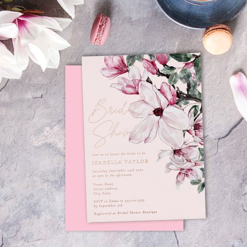 Romantic Pink Floral Rose Gold Bridal Shower Foil Invitation