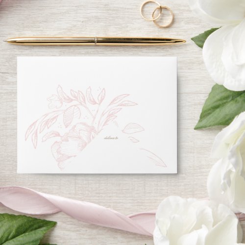 Romantic Pink Floral Sketch Wedding Return Address Envelope