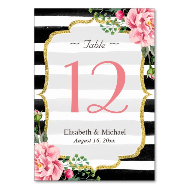 Romantic Pink Floral Striped Wedding Table Number