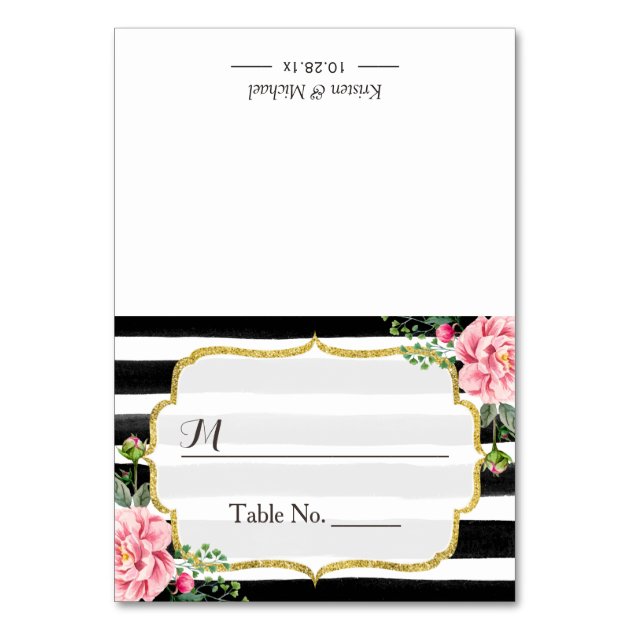 Romantic Pink Floral Stripes Wedding Seating Place Card