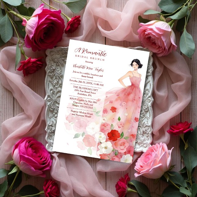 Romantic Pink Floral Tulle Model Bridal Shower Invitation (Romantic Fashion Model Woman in Pink Floral Tulle Dress Bridal Shower Invitation Design.)