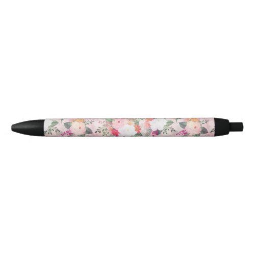 Romantic Pink Floral Watercolor Painting Black Ink Pen