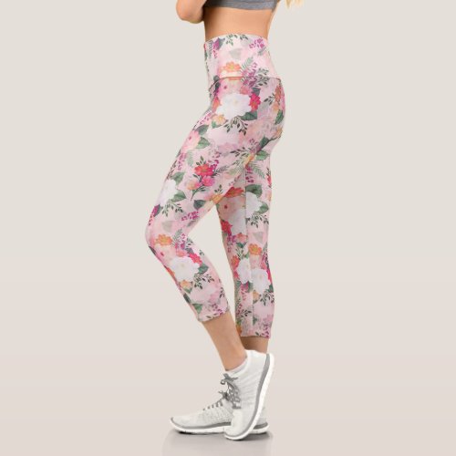 Romantic Pink Floral Watercolor Painting Capri Leggings