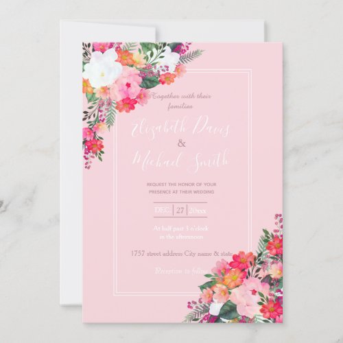 Romantic Pink Floral Watercolor Painting Invitation