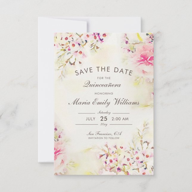 Romantic Pink Floral Watercolor Quinceanera Save The Date (Front)