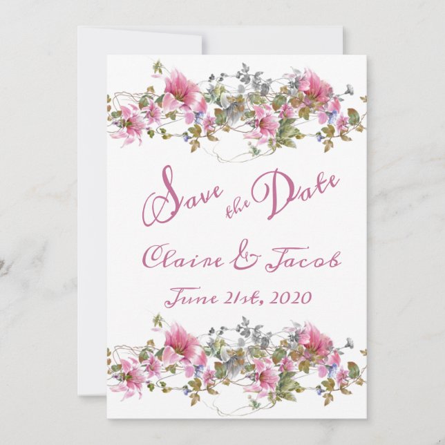 Romantic Pink Floral Watercolor Script Save The Date (Front)