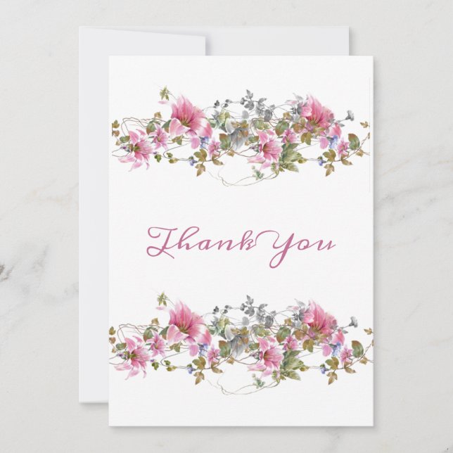 Romantic Pink Floral Watercolor Thank You Card (Front)