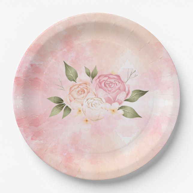 Romantic Pink Floral Watercolor Wedding Paper Plates (Front)