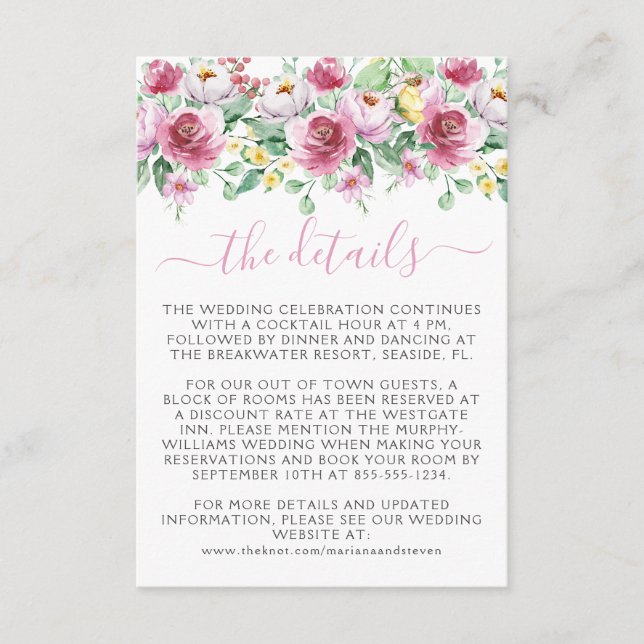 Romantic Pink Floral Wedding Enclosure Card (Front)