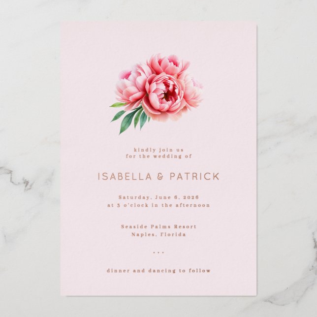 Romantic Pink Floral Wedding Invitation Foil Invitation (Front)