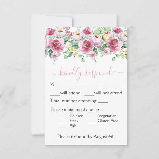 Romantic Pink Floral Wedding RSVP Card (Front)