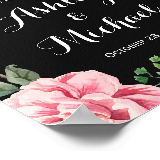 Romantic Pink Floral Wreath Classy Wedding Sign Poster